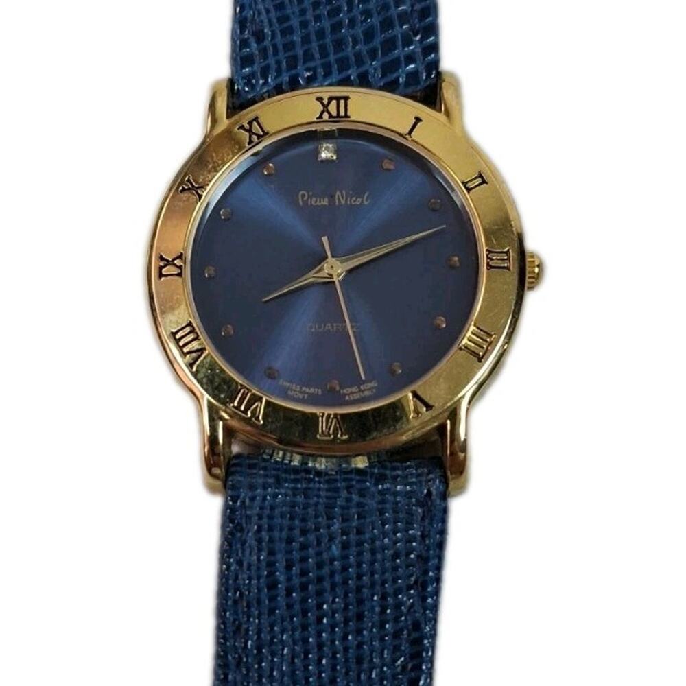 Vintage Pierre Nicol Gold Tone Watch Blue Dial Lizard Grain Strap Swiss Parts